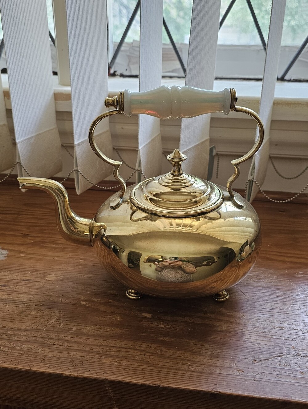 Antique Brass Teapot with Porcelain Handle